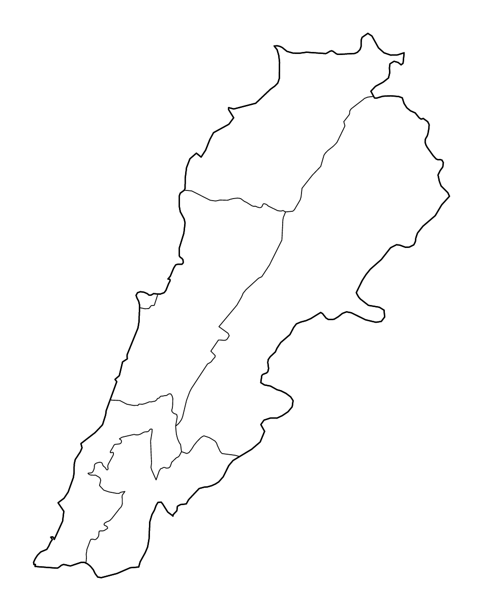Mapa de contorno de Lebanon con límites administrativos internos y ríos.