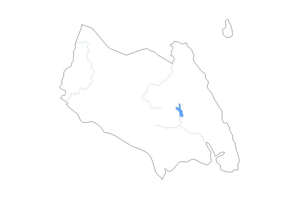 Outline map of Johor, Malaysia with subdivision borders and major lakes and rivers.