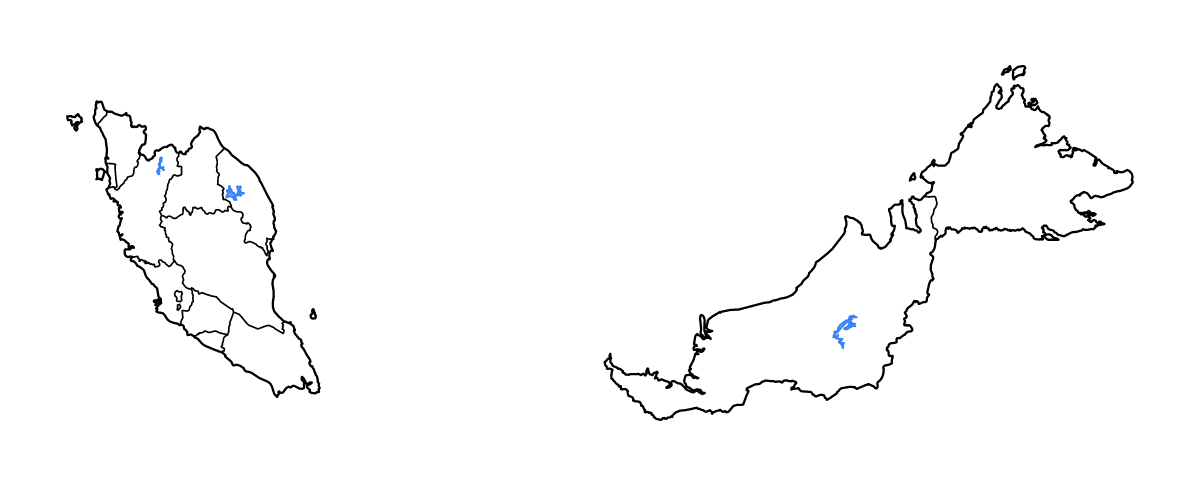 Mapa de contorno de Malaysia con límites administrativos internos, lagos y ríos.