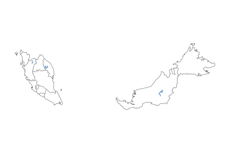 Carte de contour de Malaysia avec limites administratives internes, lacs et rivières.