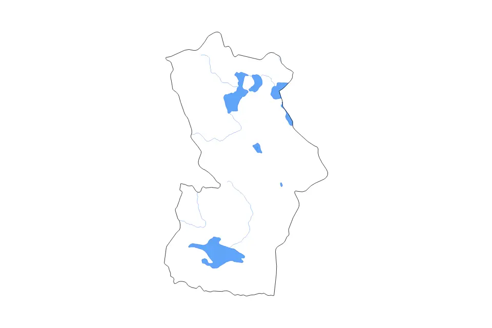 Outline map of Khovd, Mongolia with subdivision borders and major lakes and rivers.