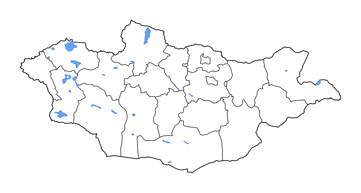Mapa de contorno de Mongolia con límites administrativos internos, lagos y ríos.