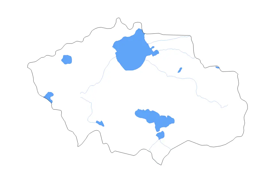 Outline map of Uvs, Mongolia with subdivision borders and major lakes and rivers.