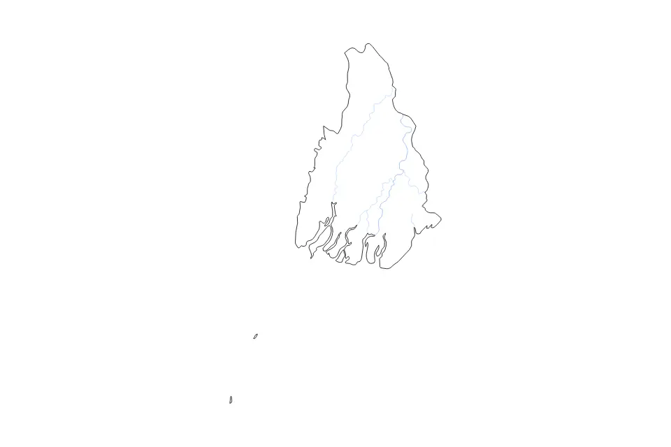 Outline map of Ayeyarwady Division, Myanmar with subdivision borders and rivers.