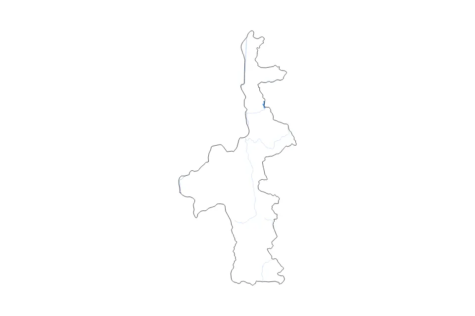 Outline map of Mandalay Division, Myanmar with subdivision borders and major lakes and rivers.