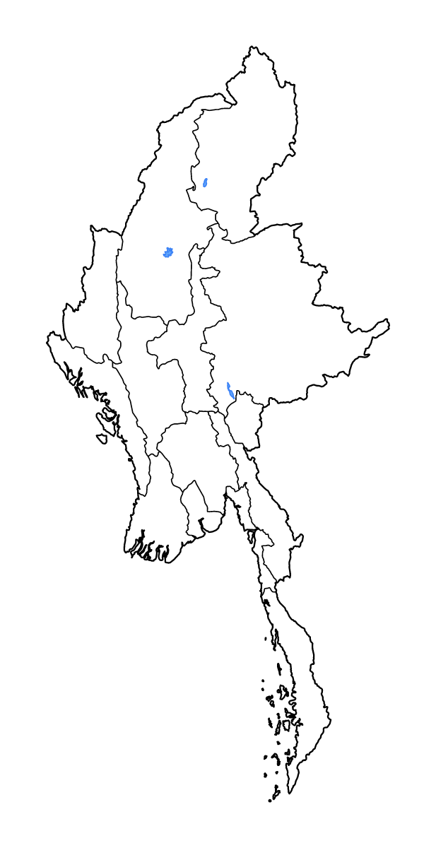 Mapa de contorno de Myanmar con límites administrativos internos, lagos y ríos.