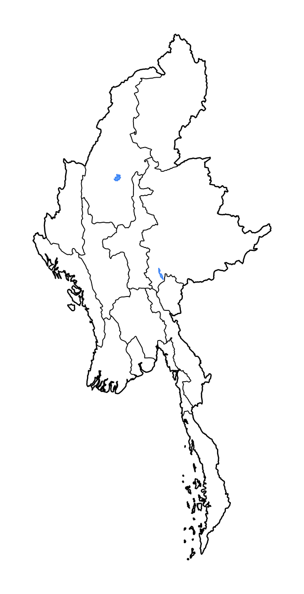 Mapa de contorno de Myanmar con límites administrativos internos, lagos y ríos.