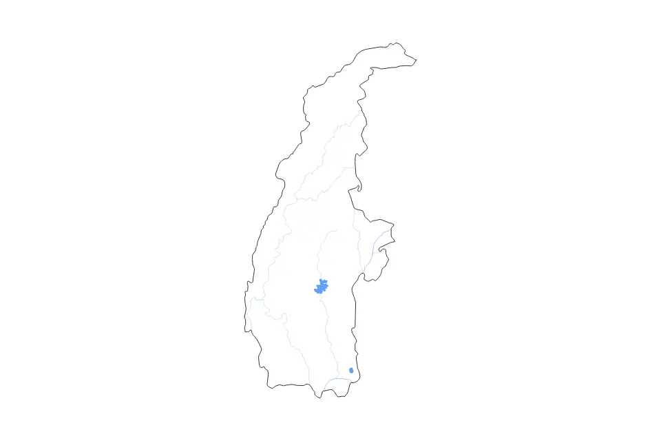 Outline map of Sagaing Division, Myanmar with subdivision borders and major lakes and rivers.