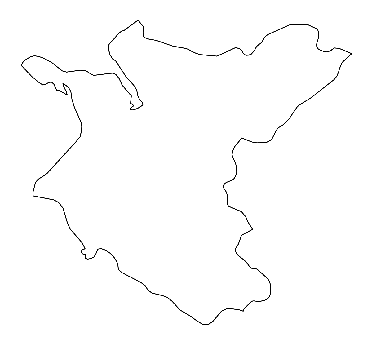 Mapa de contorno de Bheri Zone, Nepal con ríos.