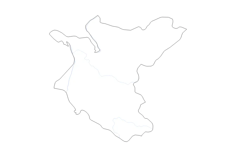 Outline map of Bheri Zone District, Nepal with subdivision borders and rivers.