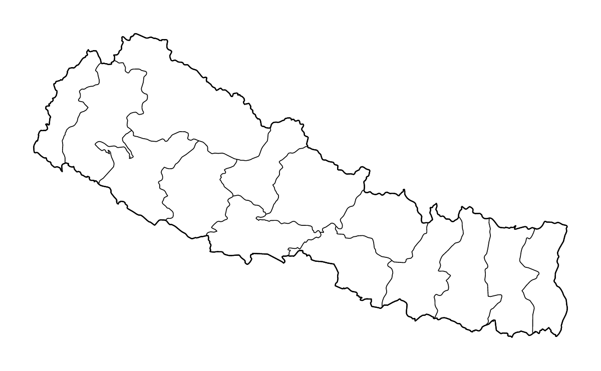 Mapa de contorno de Nepal con límites administrativos internos y ríos.