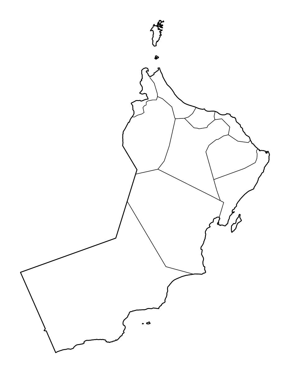 Mapa de contorno de Oman con límites administrativos internos y ríos.