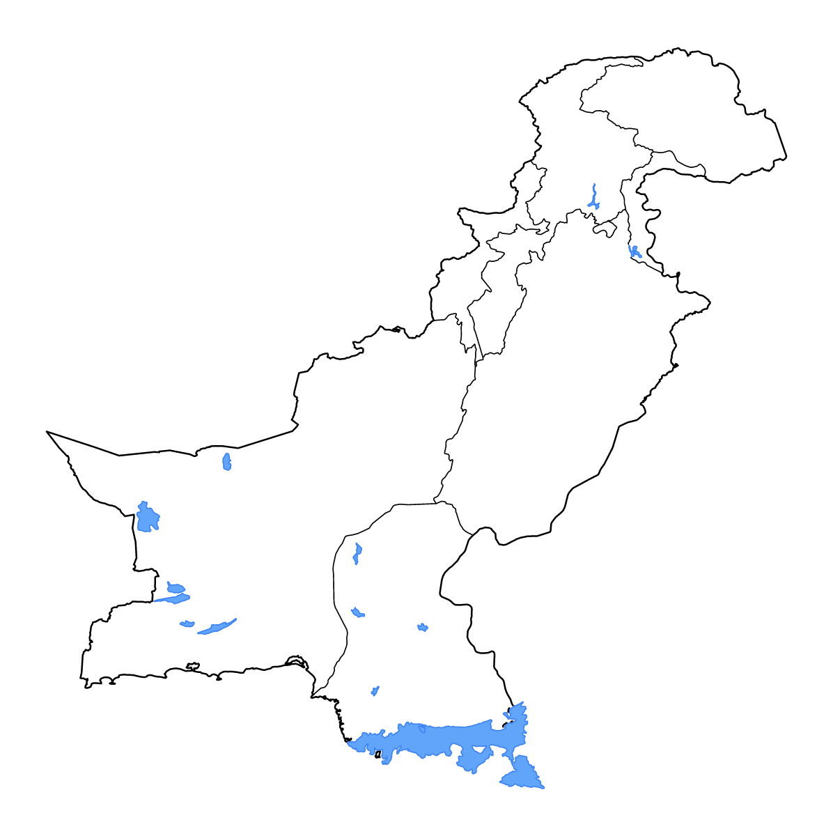 Mapa de contorno de Pakistan con límites administrativos internos, lagos y ríos.