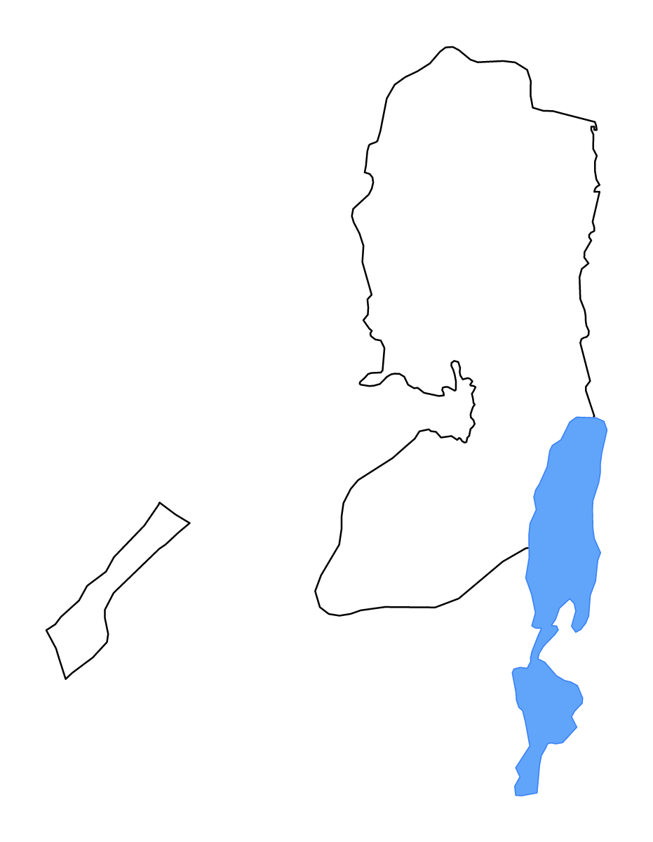 Mapa de contorno de Palestine con límites administrativos internos, lagos y ríos.
