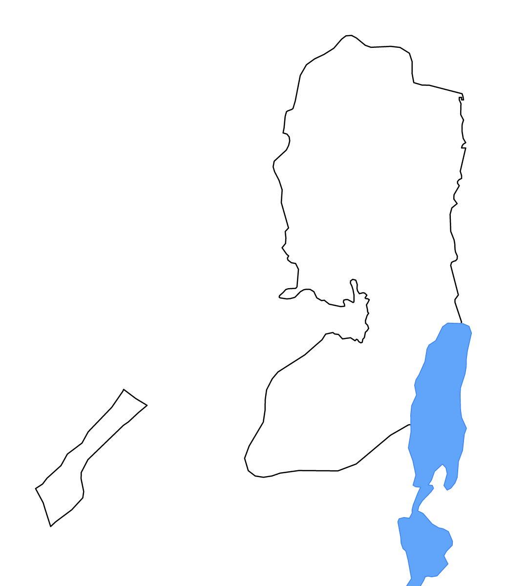 Mapa de contorno de Palestine con límites administrativos internos, lagos y ríos.