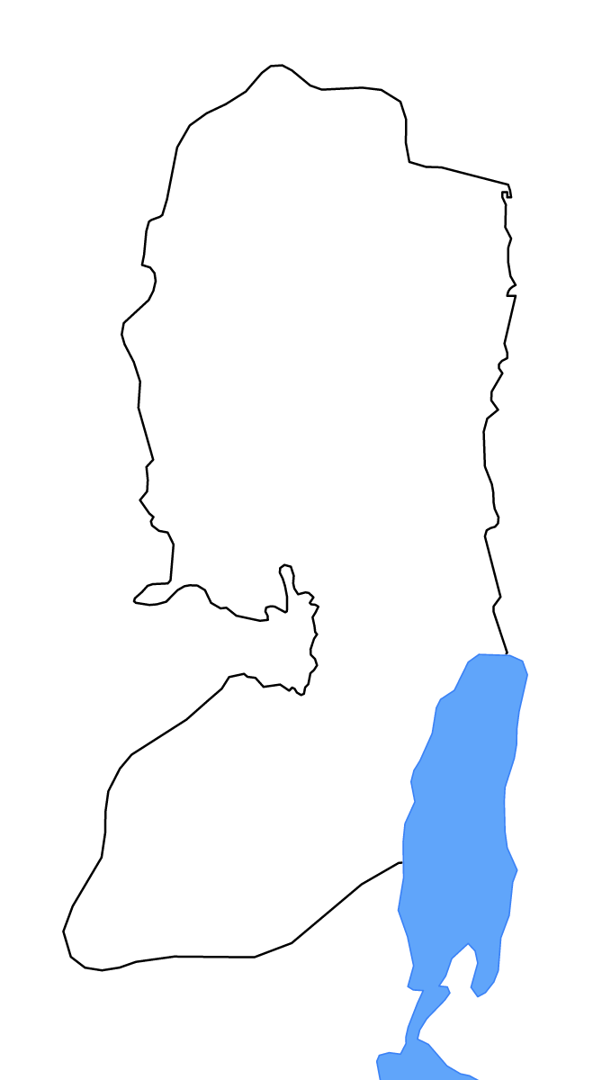Mapa de contorno de West Bank, Palestine con lagos y ríos.