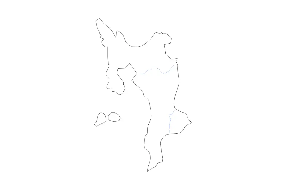 Outline map of Leyte, Philippines with subdivision borders and rivers.