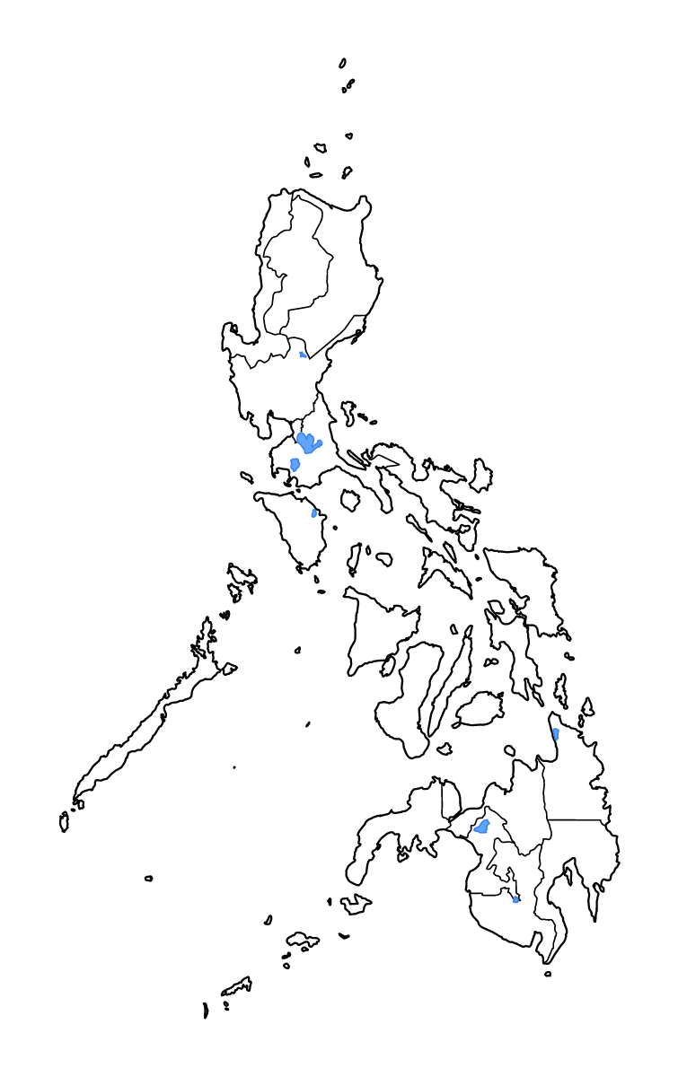 Mapa de contorno de Philippines con límites administrativos internos, lagos y ríos.