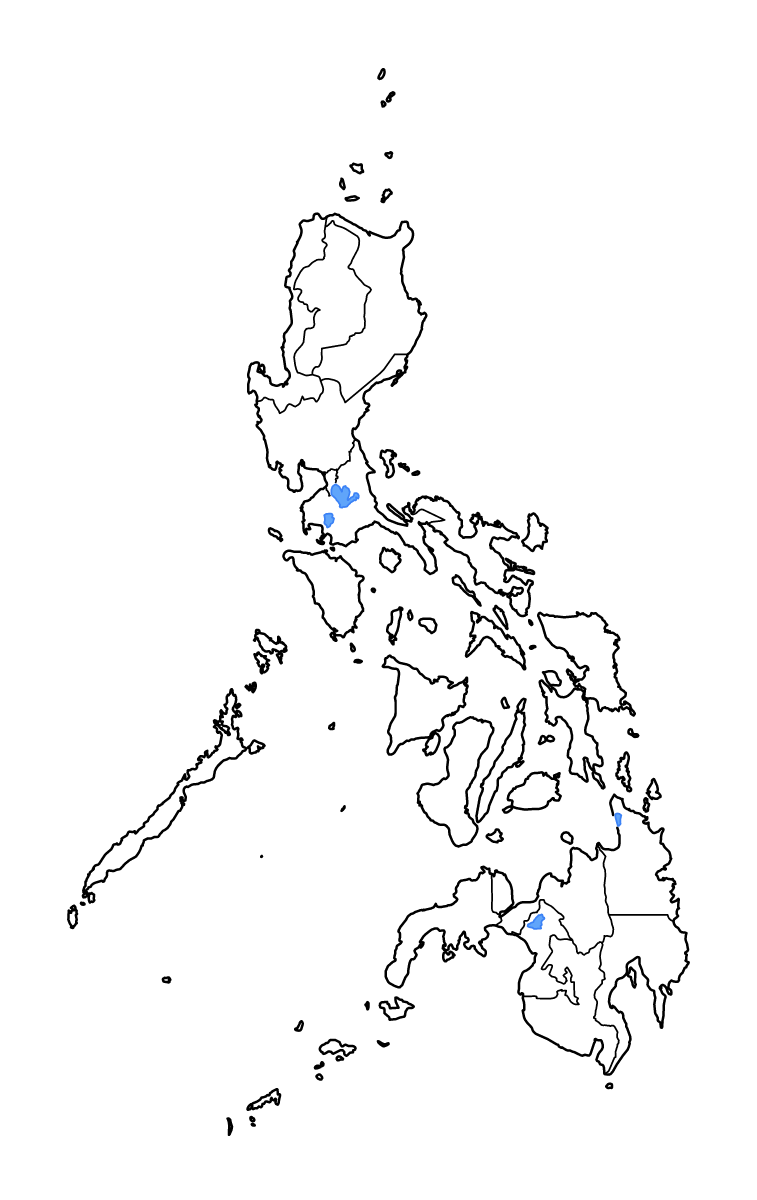 Mapa de contorno de Philippines con límites administrativos internos, lagos y ríos.