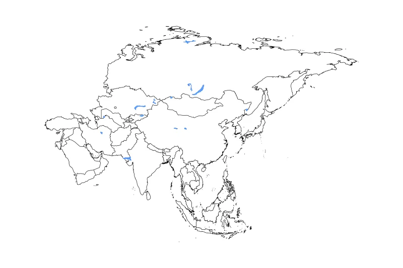 Mapa de contorno de Asia con límites administrativos internos, lagos y ríos.