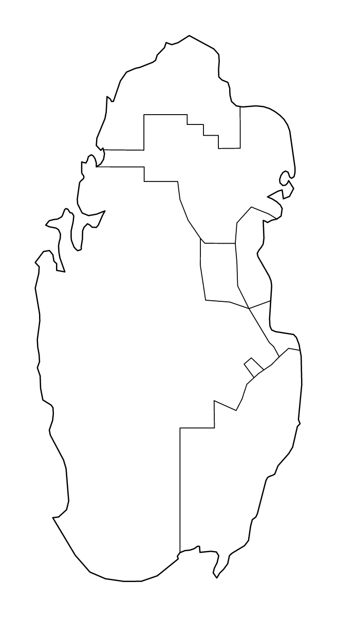 Mapa de contorno de Qatar con límites administrativos internos.