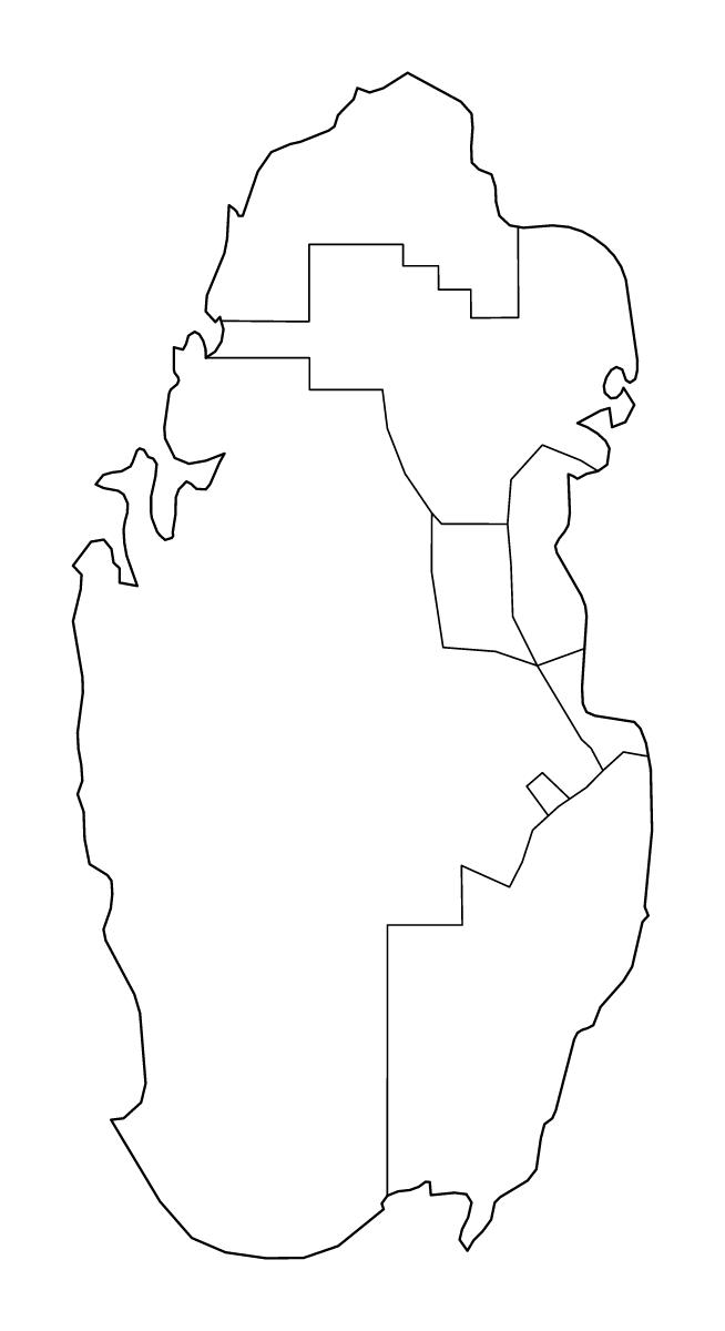Mapa de contorno de Qatar con límites administrativos internos.