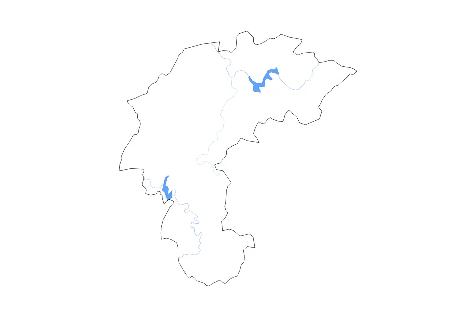 Outline map of North Chungcheong, Republic Of Korea with subdivision borders and major lakes and rivers.