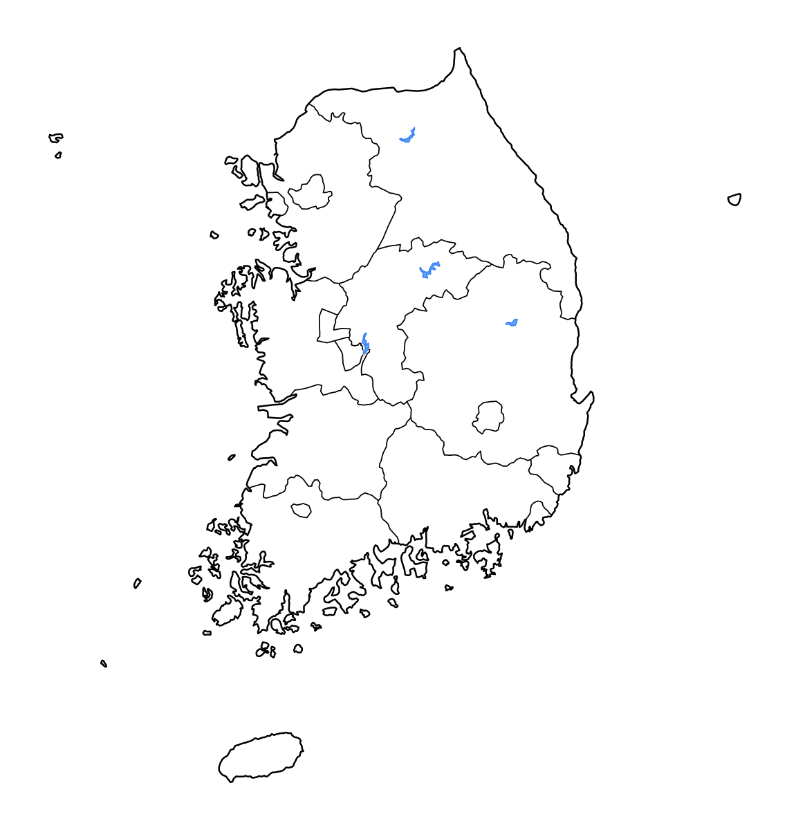 Mapa de contorno de Republic of Korea con límites administrativos internos, lagos y ríos.