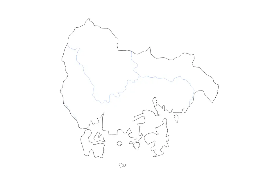 Outline map of South Gyeongsang, Republic Of Korea with subdivision borders and rivers.