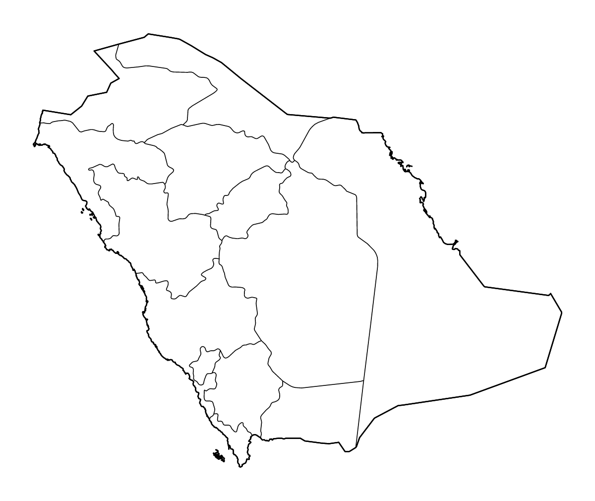 Mapa de contorno de Saudi Arabia con límites administrativos internos y ríos.