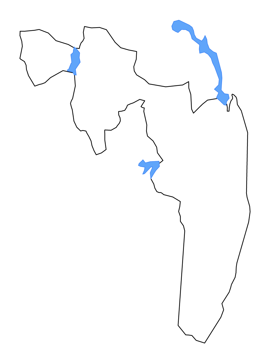 Mapa de contorno de Ampara, Sri Lanka con lagos y ríos.