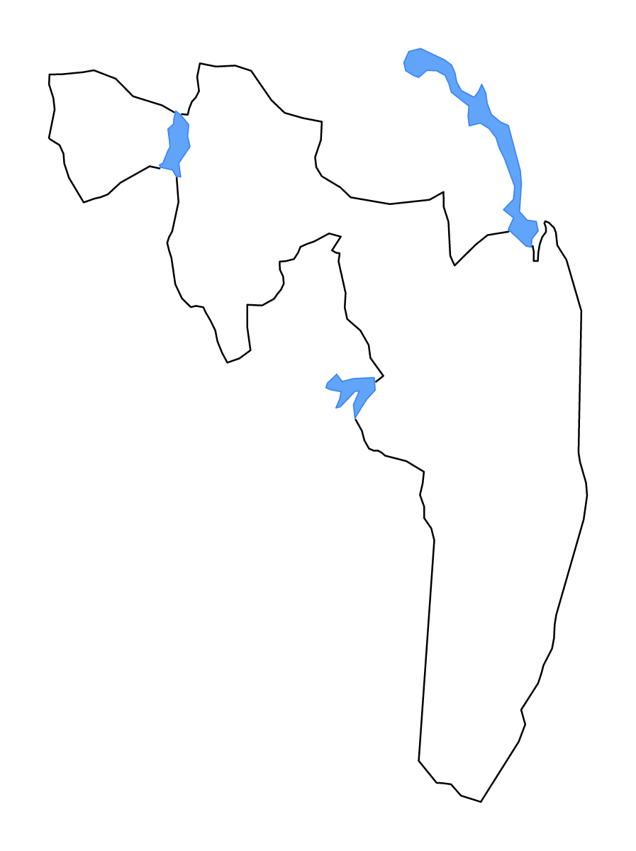 Mapa de contorno de Ampara, Sri Lanka con lagos y ríos.