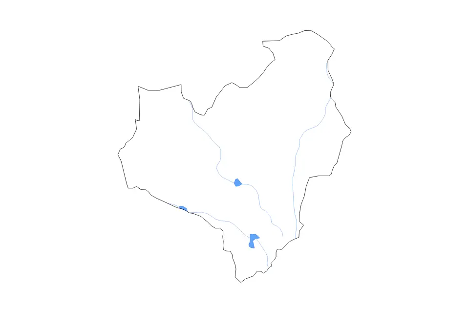Outline map of Anuradhapura District, Sri Lanka with subdivision borders and major lakes and rivers.