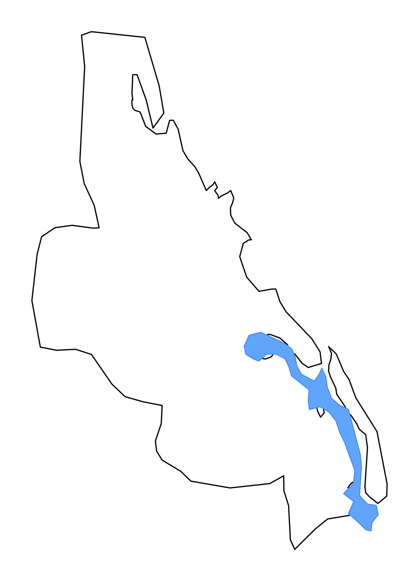 Mapa de contorno de Batticaloa, Sri Lanka con lagos y ríos.
