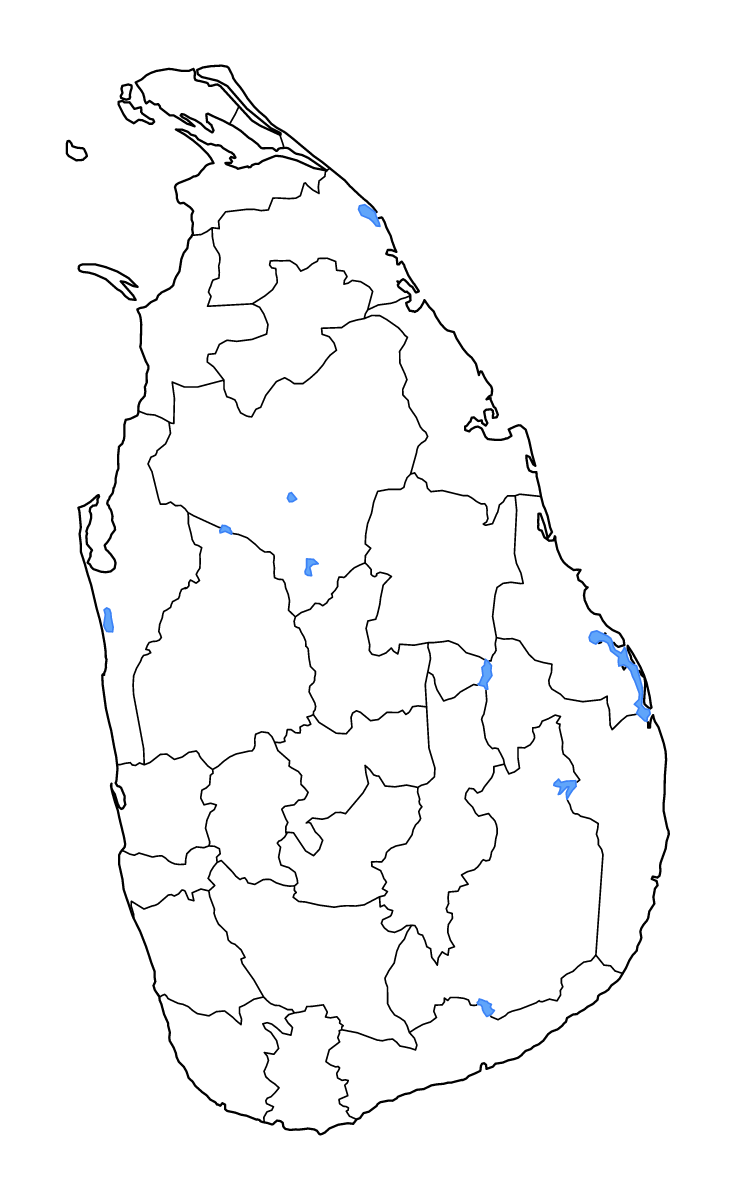 Mapa de contorno de Sri Lanka con límites administrativos internos, lagos y ríos.