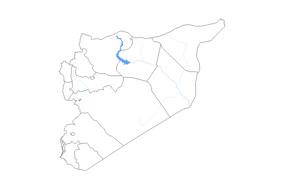 Carte de Syria de type contour, subdivisions, lacs et rivières pour Asie, montrant contour, subdivisions, lacs et rivières avec des éléments hydrographiques comme Lake Homs et Buḩayrat al Asad.