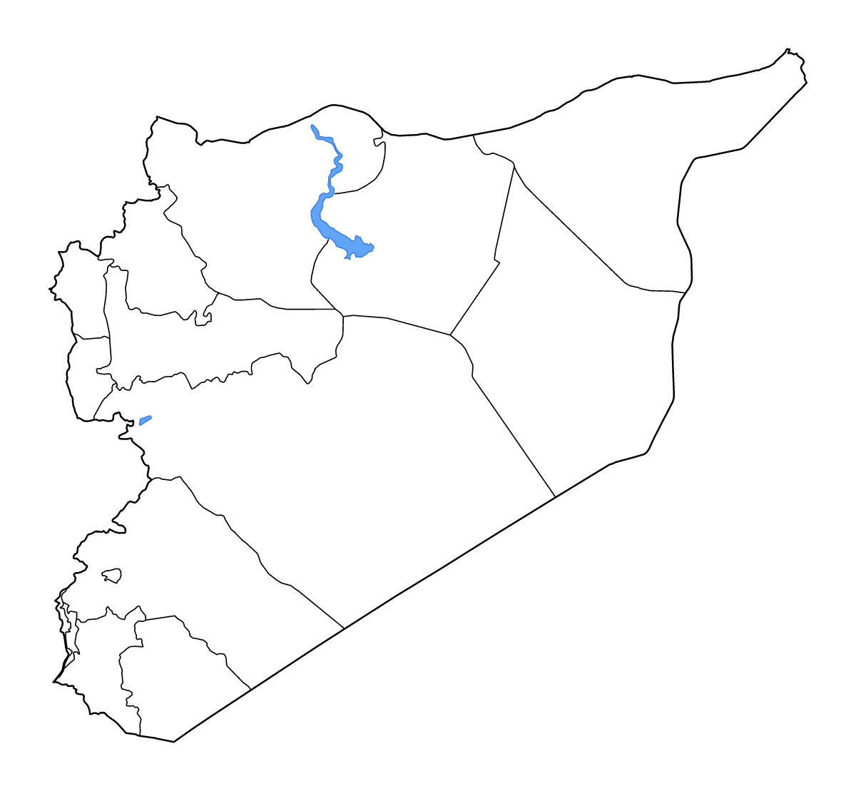 Mapa de contorno de Syria con límites administrativos internos, lagos y ríos.