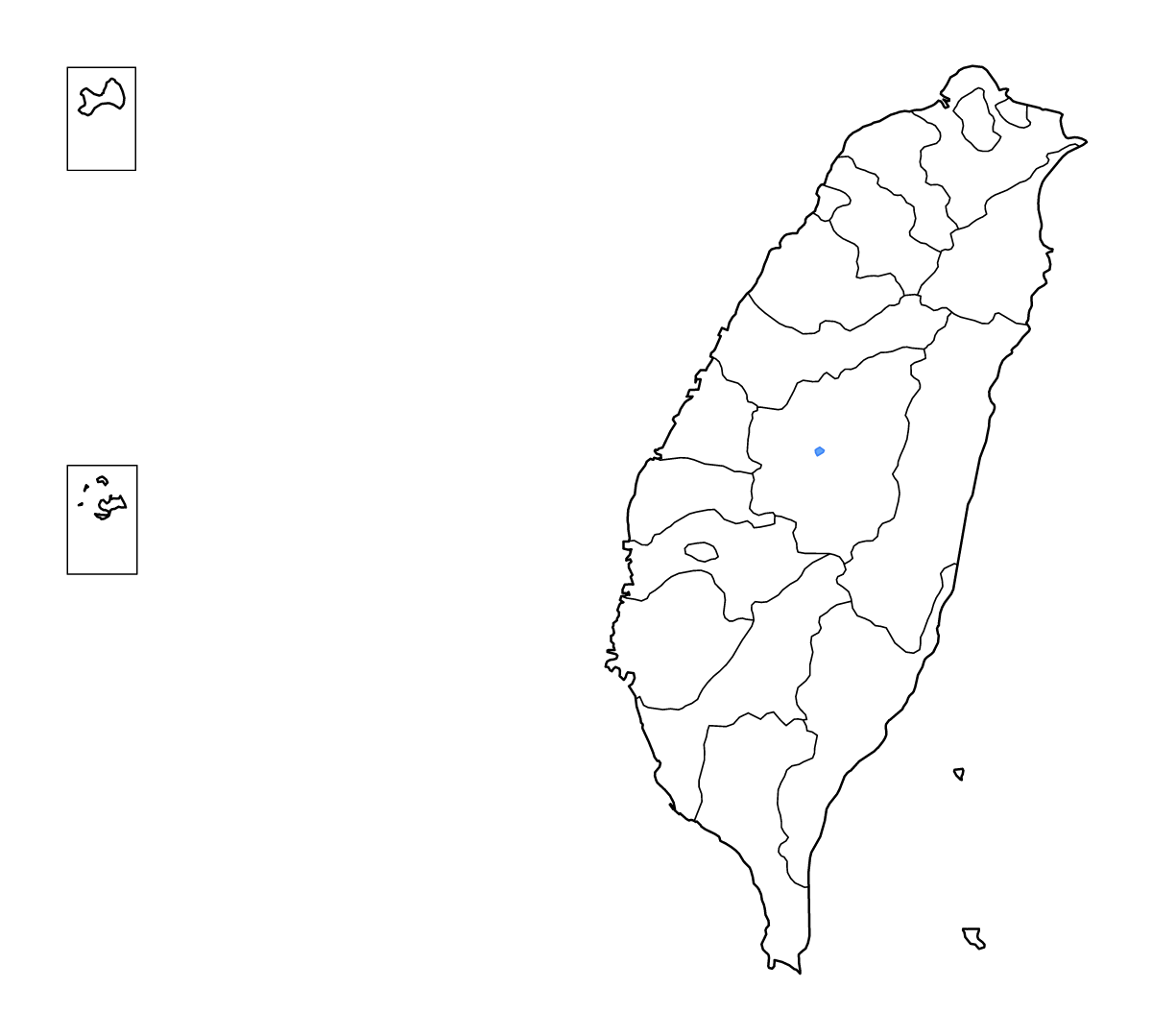 Carte de contour de Taiwan avec limites administratives internes, lacs et rivières.
