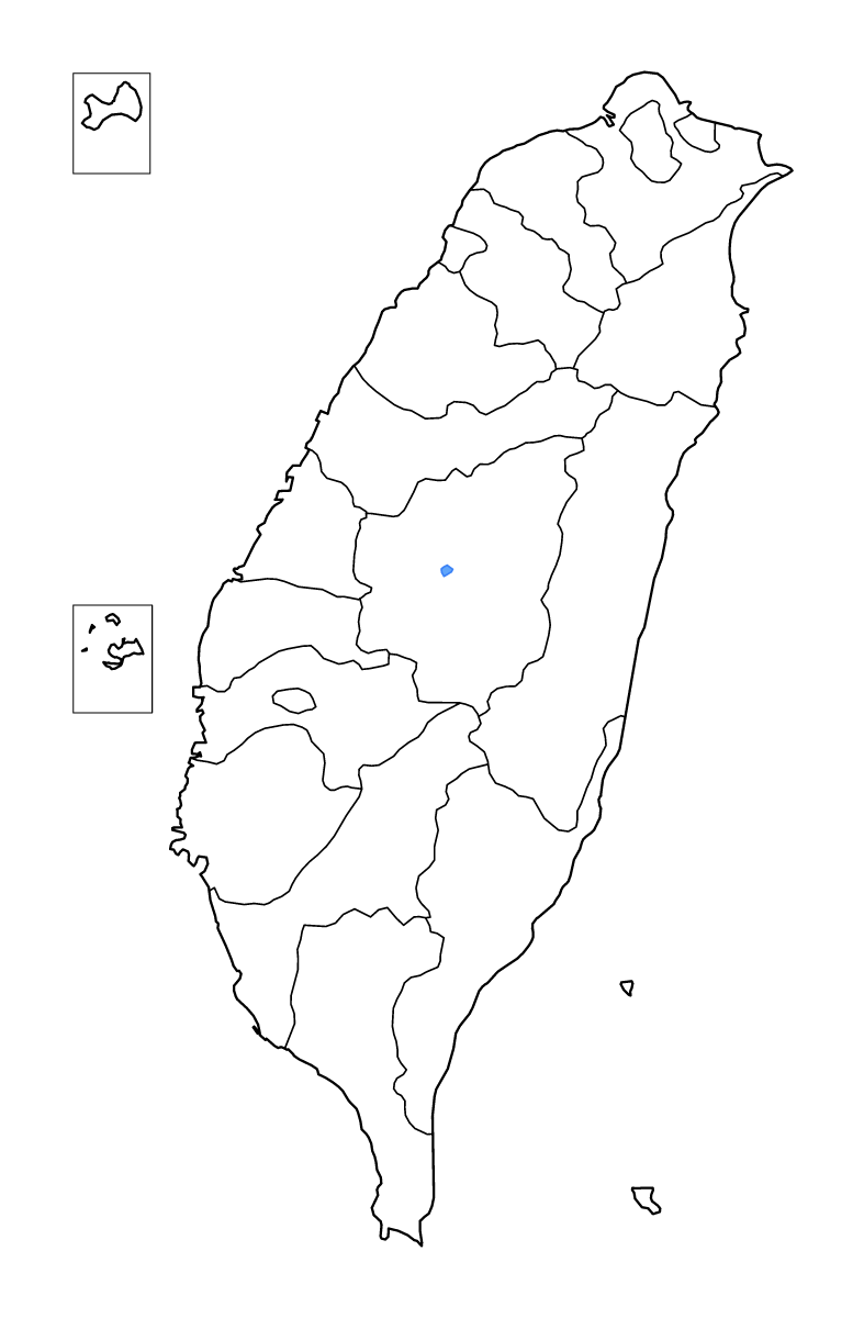 Mapa de contorno de Taiwan con límites administrativos internos, lagos y ríos.
