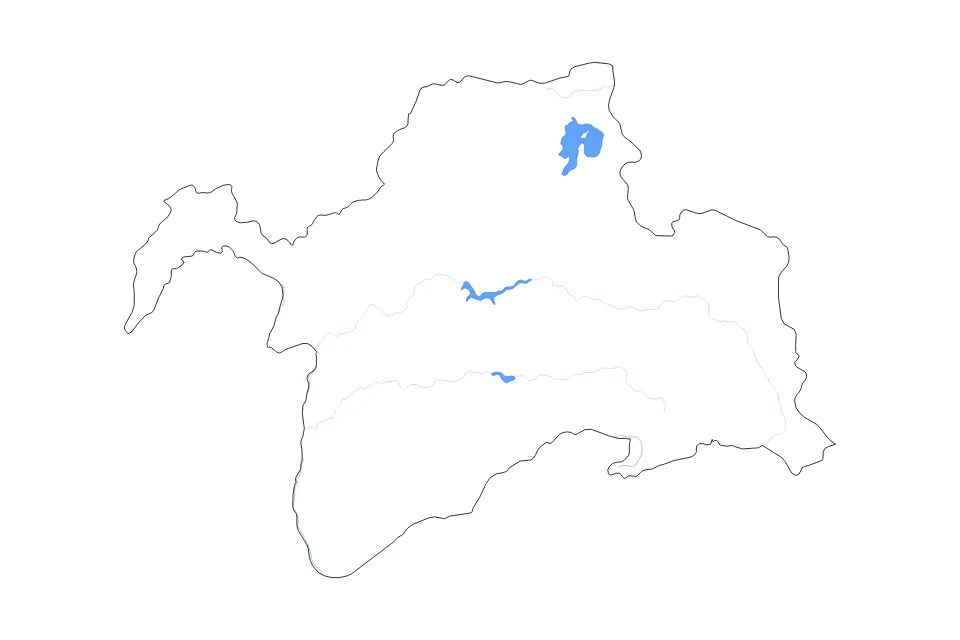 Outline map of Gorno-Badakhshan, Tajikistan with subdivision borders and major lakes and rivers.
