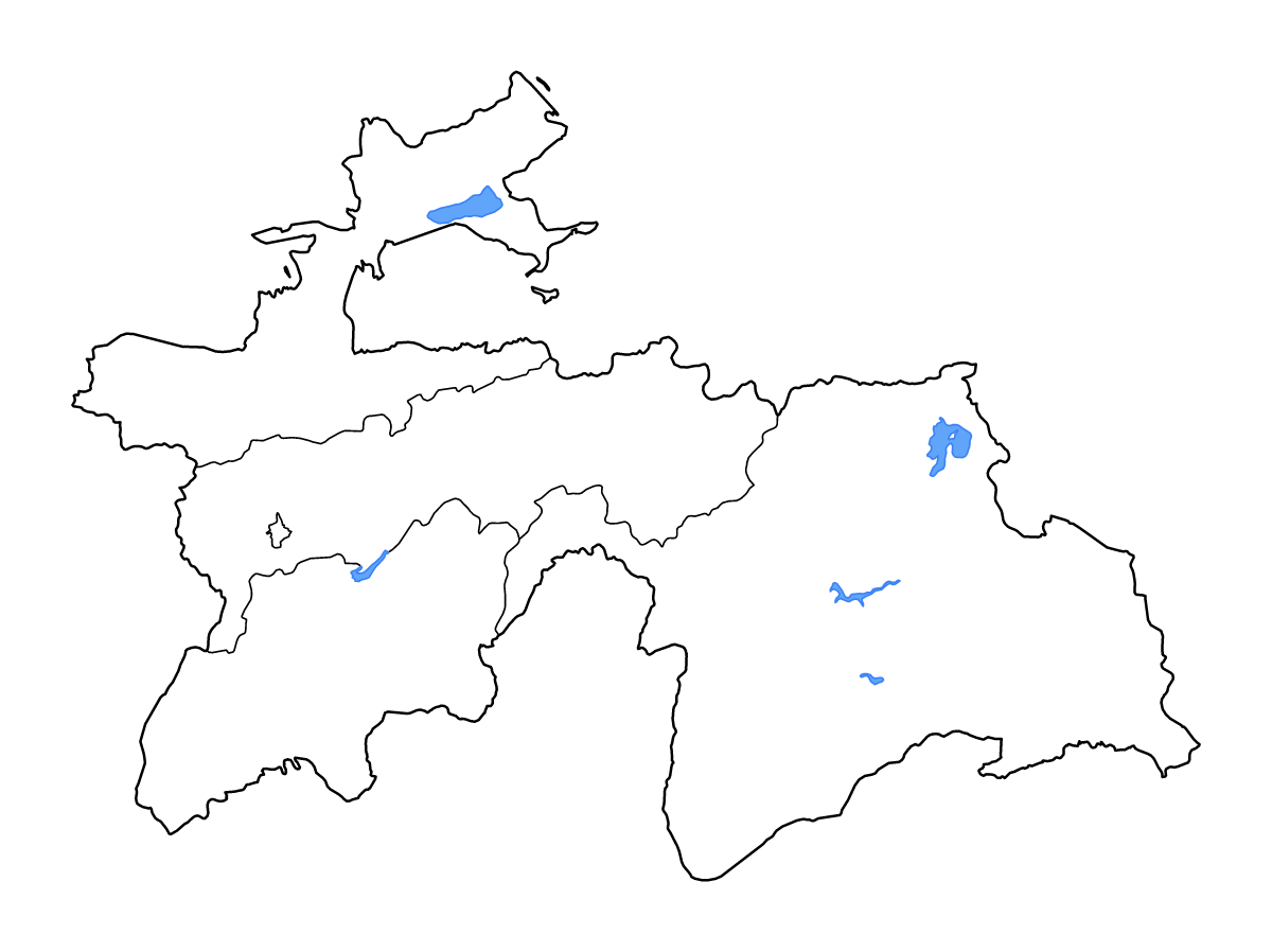 Carte de contour de Tajikistan avec limites administratives internes, lacs et rivières.