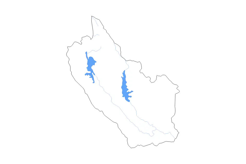 Outline map of Kanchanaburi, Thailand with subdivision borders and major lakes and rivers.