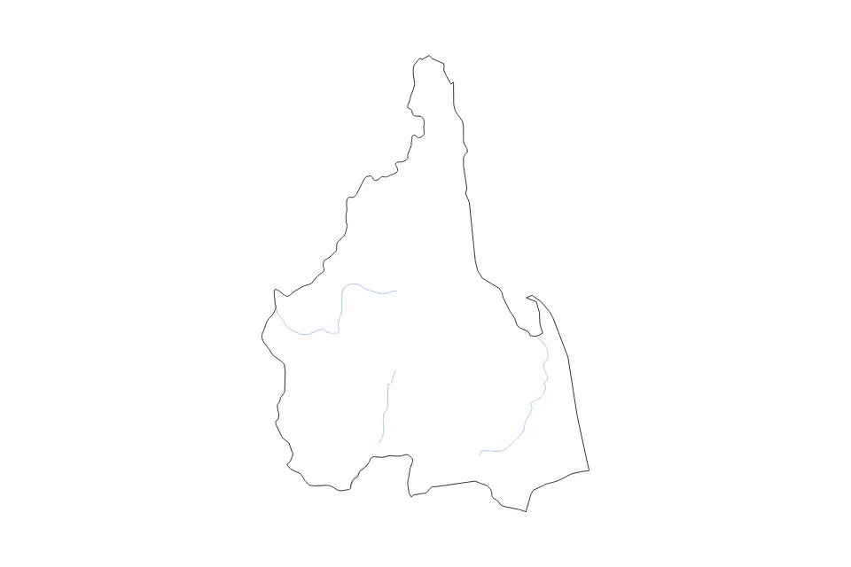 Outline map of Nakhon Si Thammarat, Thailand with subdivision borders and rivers.