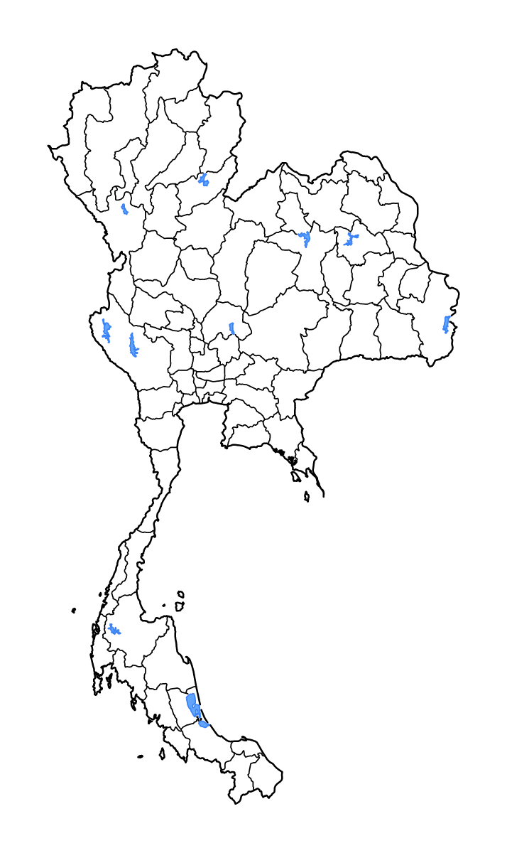 Mapa de contorno de Thailand con límites administrativos internos, lagos y ríos.