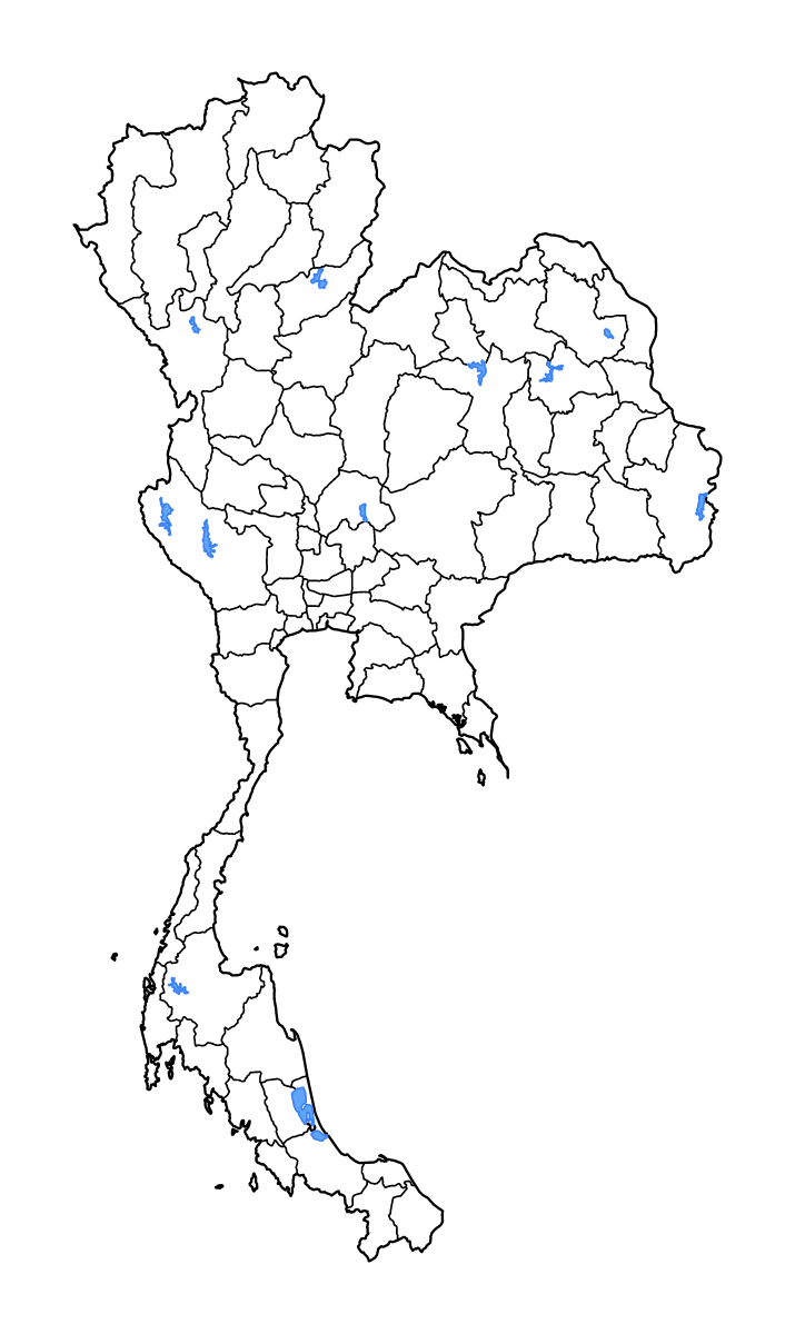 Mapa de contorno de Thailand con límites administrativos internos, lagos y ríos.