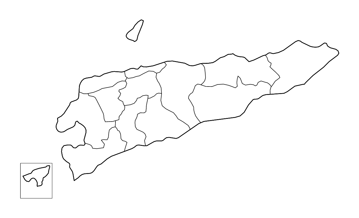 Carte de contour de Timor-Leste avec limites administratives internes et rivières.
