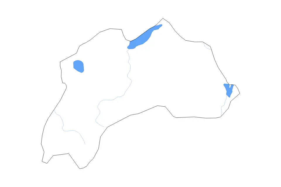 Outline map of Burdur, Turkey with subdivision borders and major lakes and rivers.