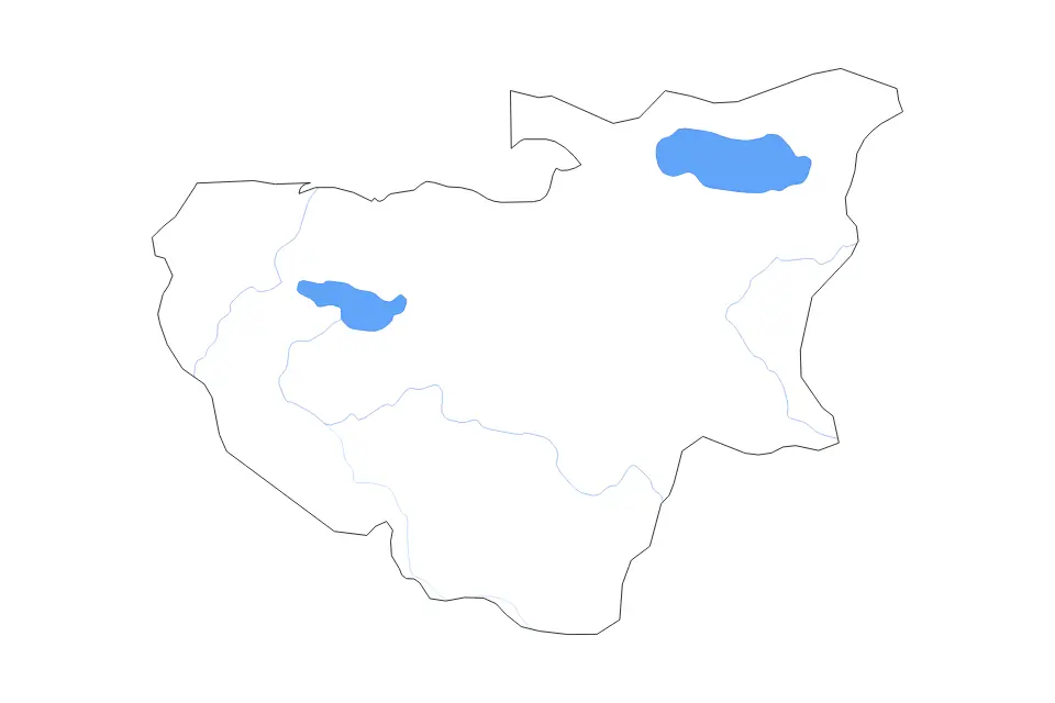 Outline map of Bursa, Turkey with subdivision borders and major lakes and rivers.