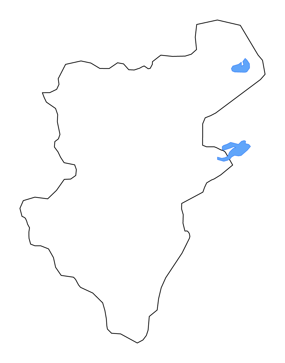 Outline map of Denizli, Turkey with lakes and rivers.