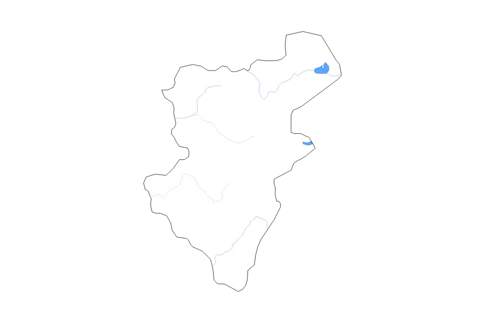 Outline map of Denizli, Turkey with subdivision borders and major lakes and rivers.